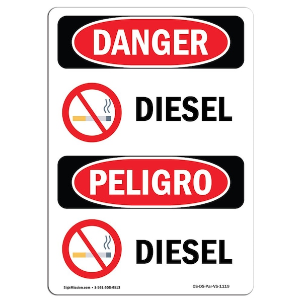 Safety Sign, OSHA Danger, 24" Height, Diesel, Bilingual Spanish, D-1824-VS-1119